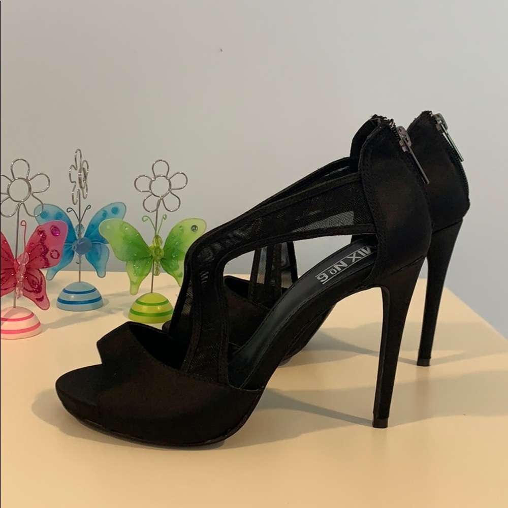 Mix No. 6 black satin with mesh stilettos size 7.